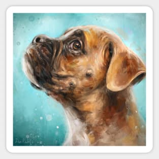 Painting of a Brown and White Boxer Dog on Green Background Sticker